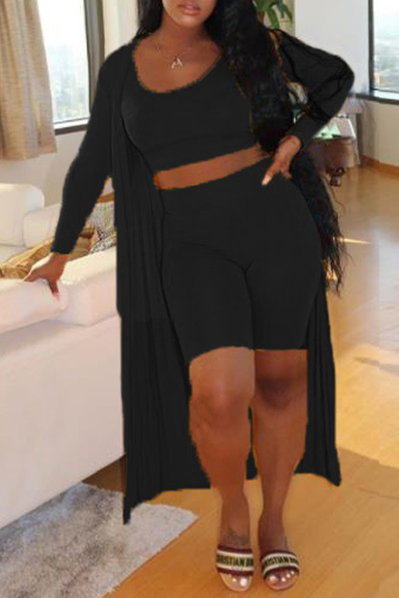 Sexy Solid Cardigan Capris U Neck Sleeveless Three Pieces