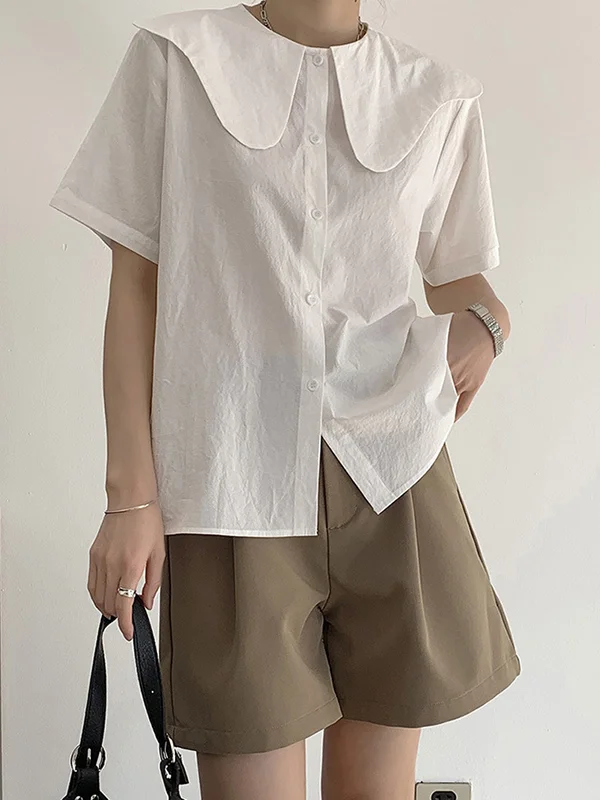 Solid Color Split-Joint Loose Short Sleeves Peter Pan Collar Blouses&Shirts Tops