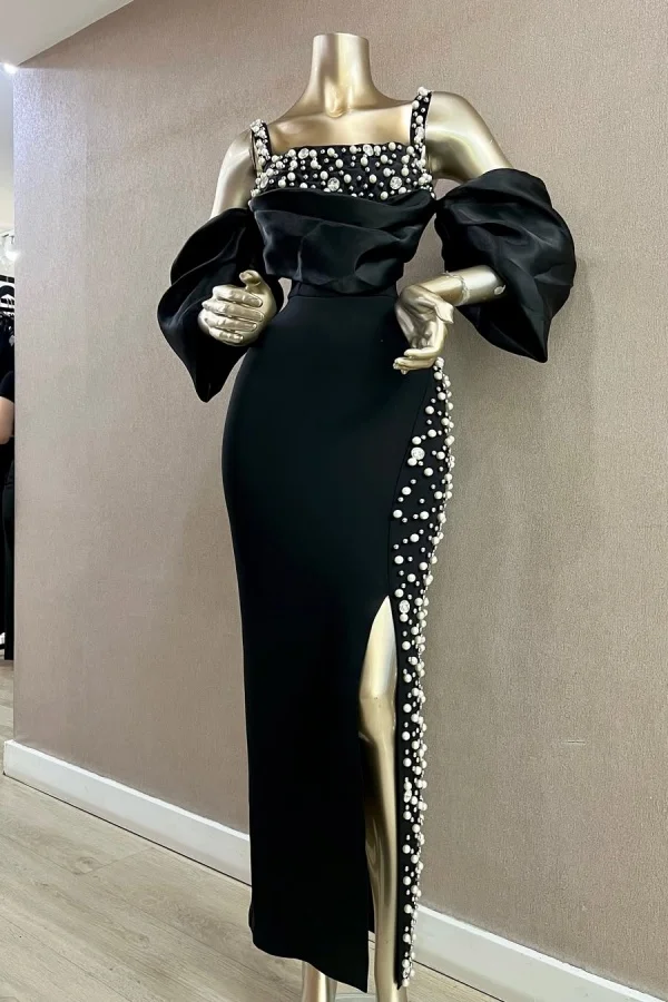 Stylish Black Square Split Beaded Rhinestone Prom Dress YK0077