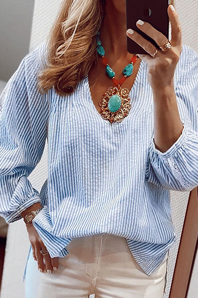 Casual Striped Lace Split Joint V Neck Tops