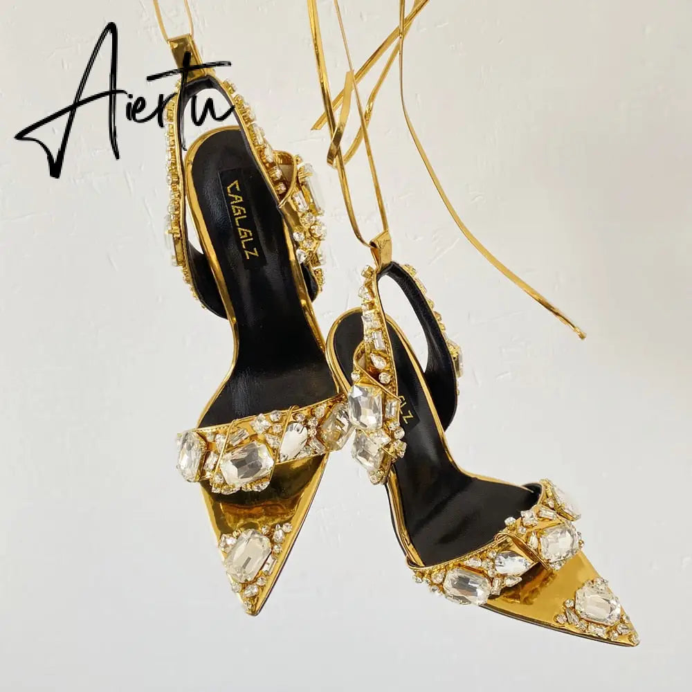 Women Stiletto Wedding Shoe Ball Party Lace Up Ankle Strap Summer Fashion Female Footwear Pointed Toe Rhinestone Catwalk Sandal Aiertu