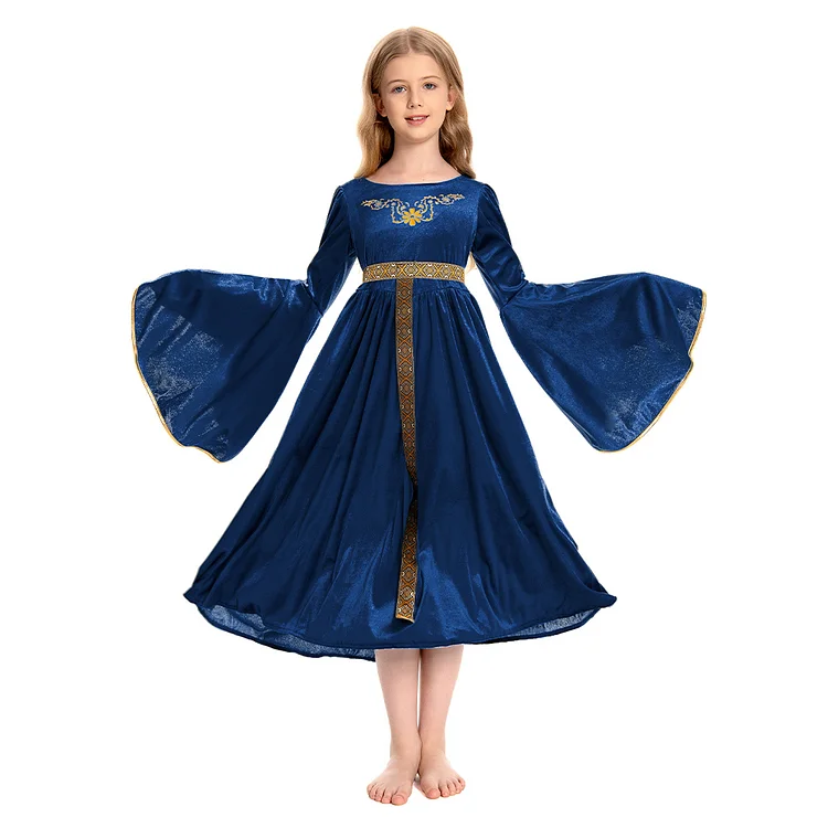 Kids Children Medieval Court Blue Princess Dress Cosplay Costume Suit