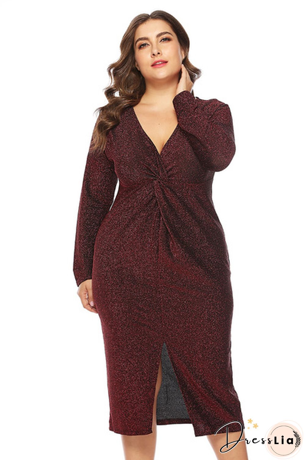 V Neck Long Sleeve Plus Size Metallic Shining Front Gathering Dress