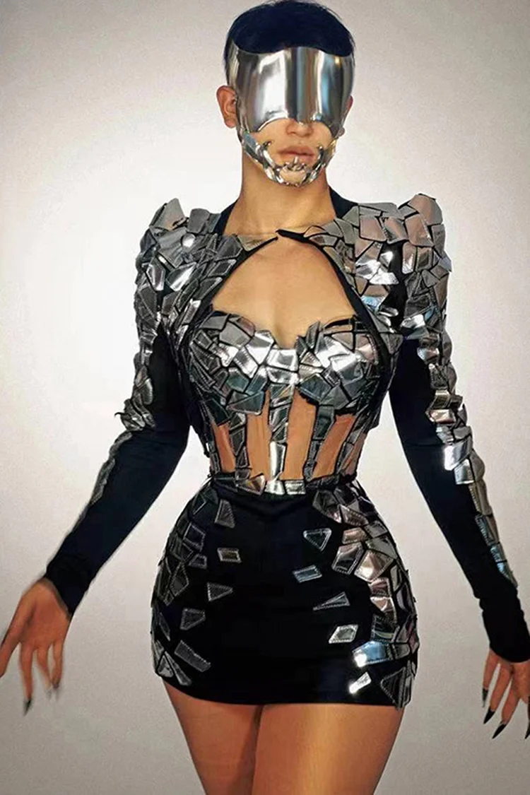 Mirror Sequin Patchwork Square Neck Mini Dress-Black