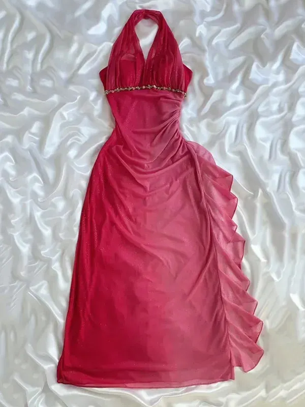 Vintage Rose Red Halter Neck Mesh Glitter Gown, D Floral Embellished Waist-Cinching Ruffled Evening Dress