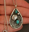 Inlaid Turquoise Vintage Dyed Black Feather Pendant Necklace
