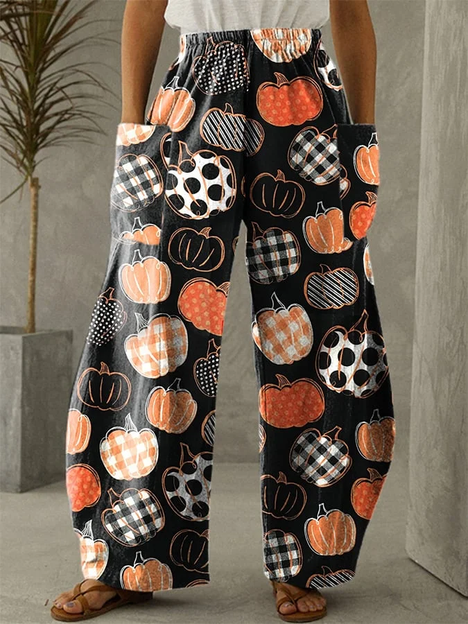 Women's Thanksgiving Pumpkin Print Pocket Wide Leg Pants