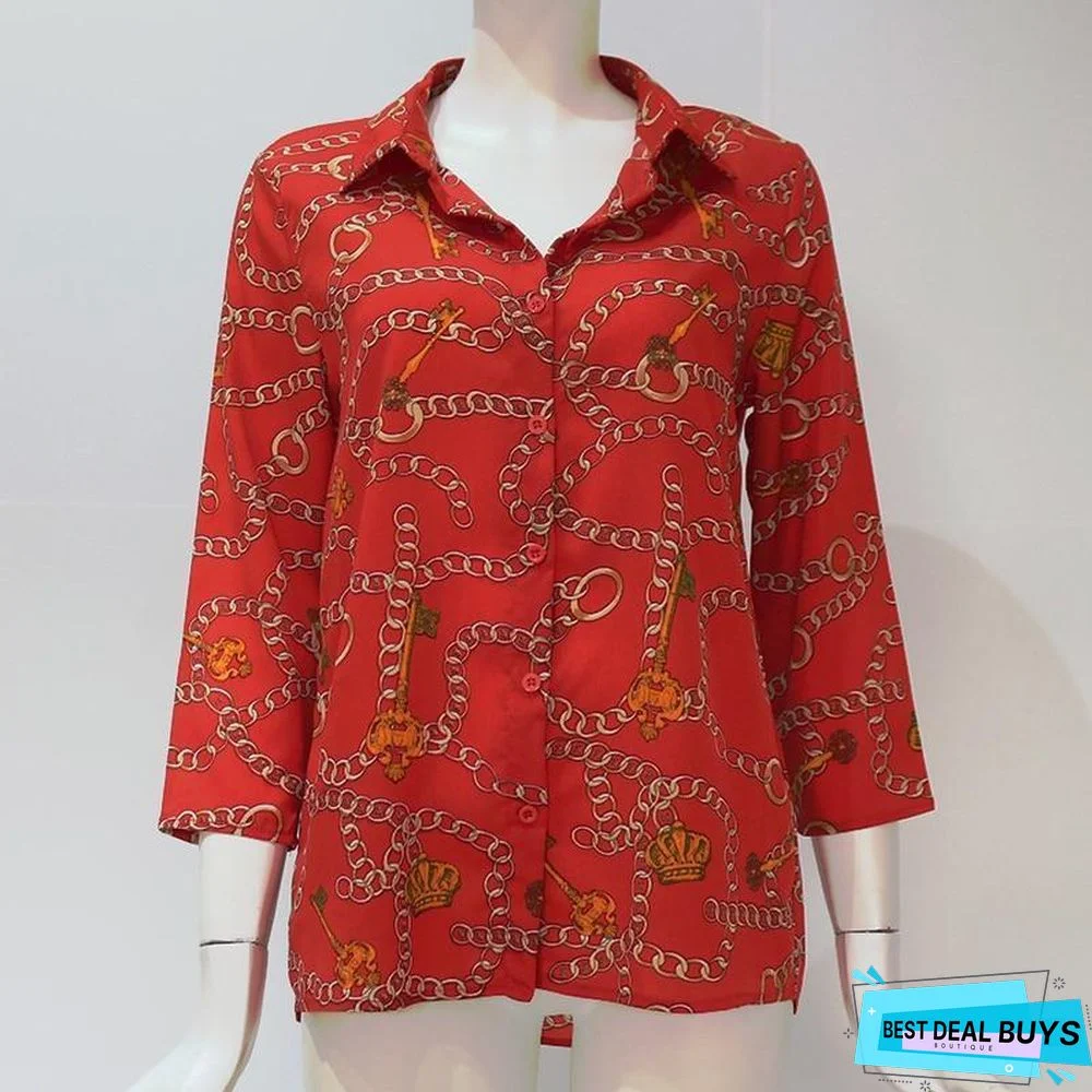 Women Chain Print Vintage Chiffon Blouse Turn-Down Collar Plus Size Loose Tops
