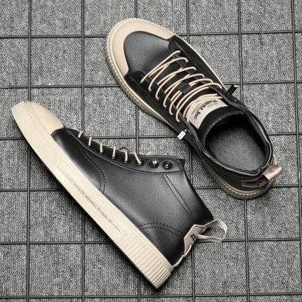 Men Causal Shoes for Spring Summer High Top Lace-up Sneakers Stylish Black White Male Footwear Soft Leather Anti-skid Design