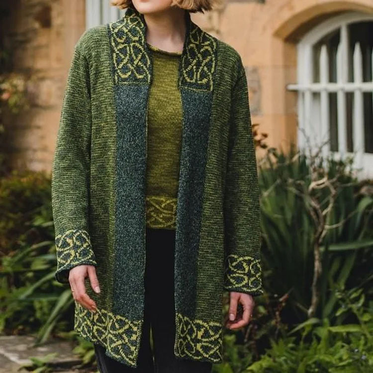 Utbros Women's Irish Celtic Knotted Contrast Jacquard Cardigan
