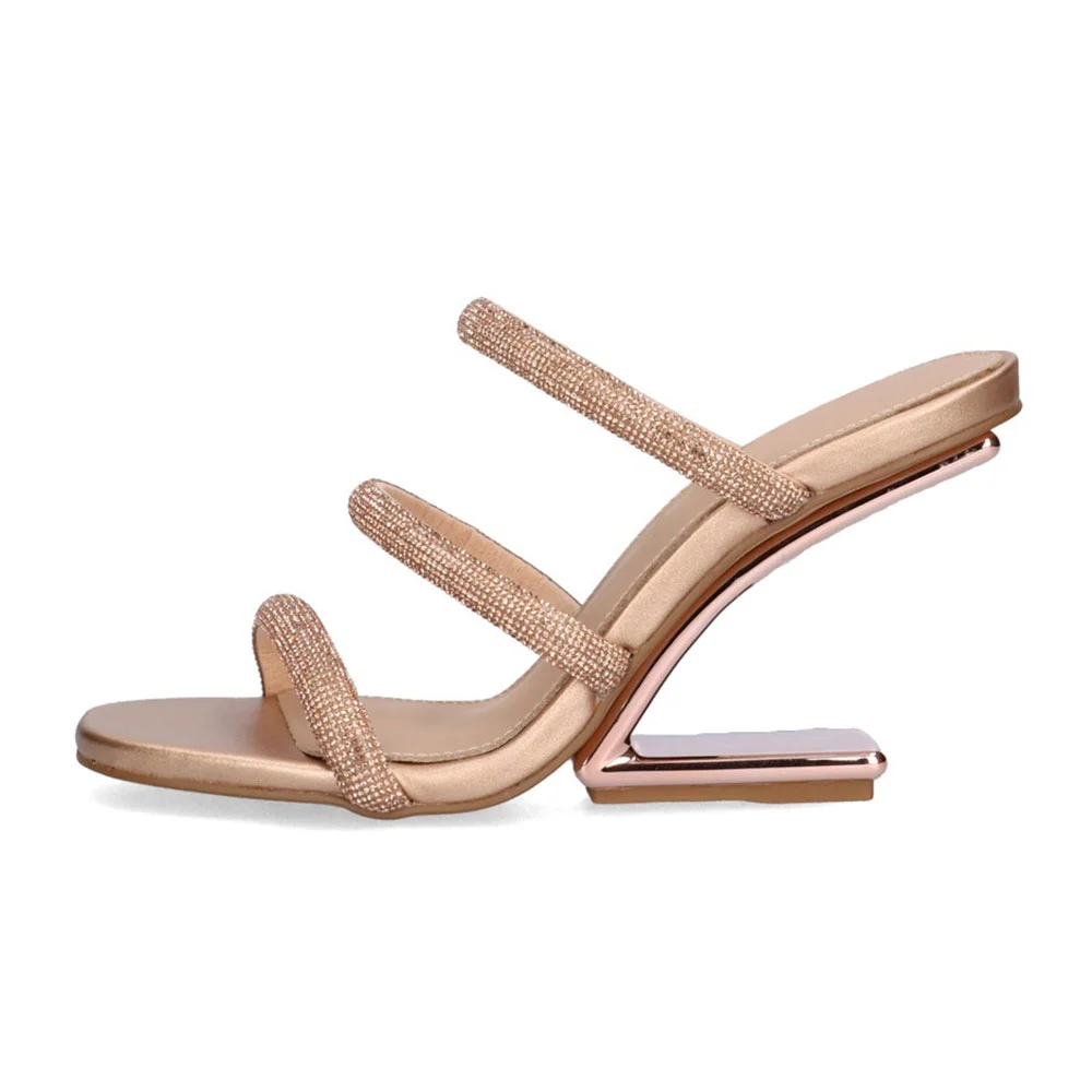 Gold Square Toe Sculptural Heel Slide Sandals Women with Rhinestone