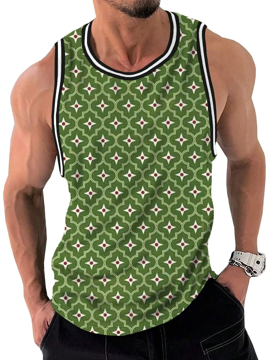 Retro Geometric Print Casual Round Neck Tank Top