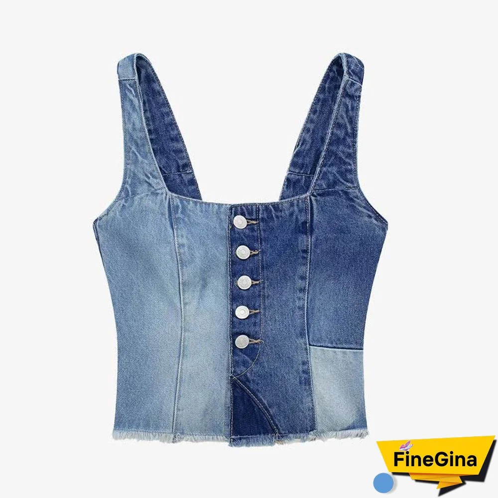 Chic Patchwork Crop Denim Cami Top