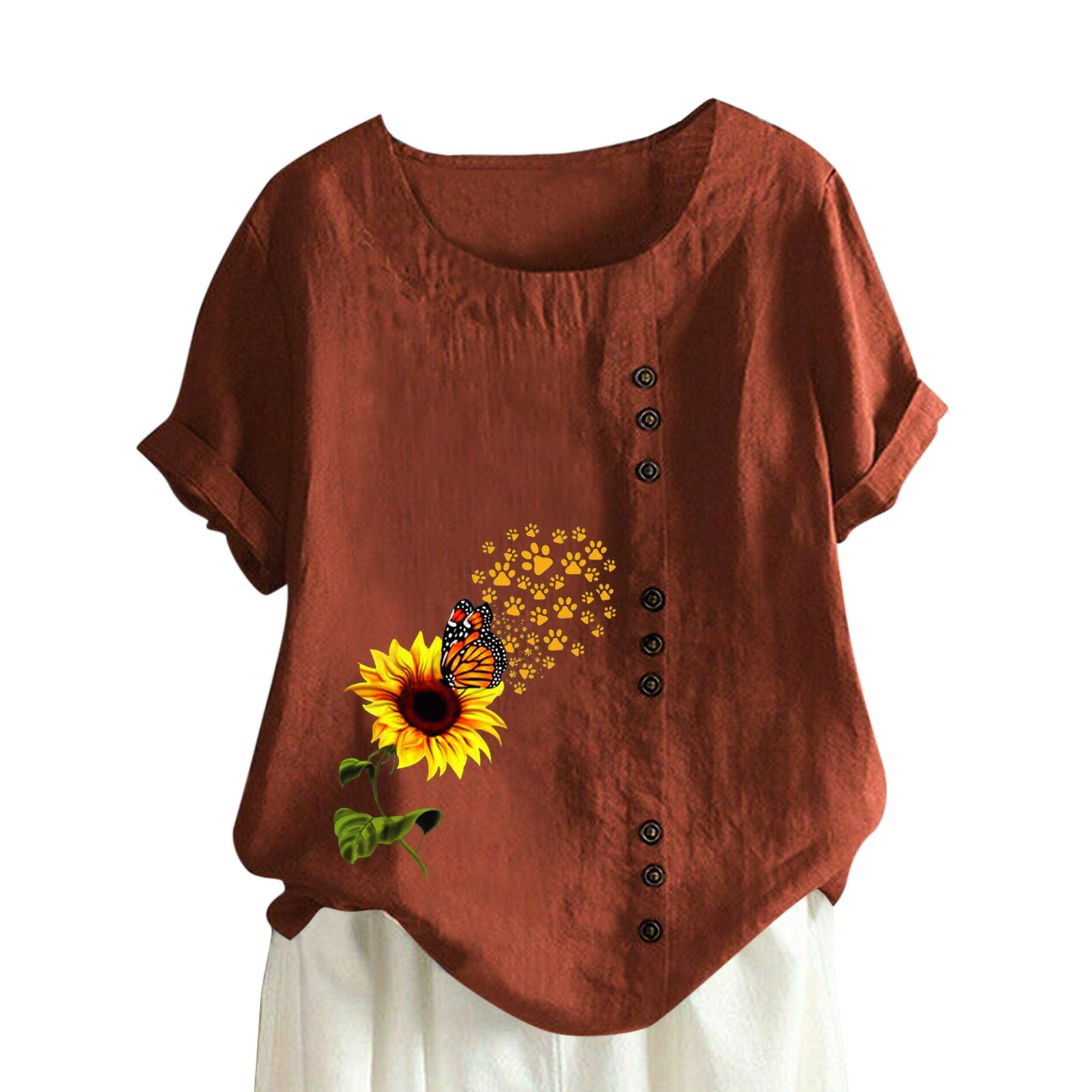 Cotton Linen  Sleeve Top Sunflower Print T-shirt