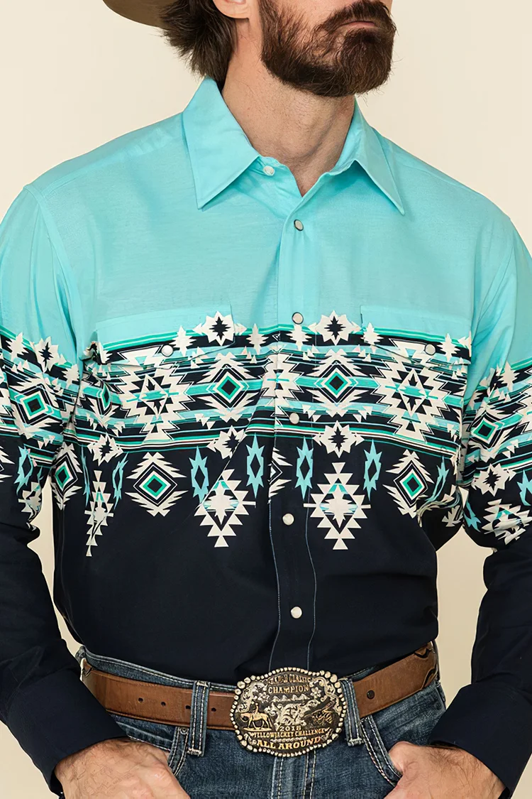 Casual Vintage Blue Western Print Shirt