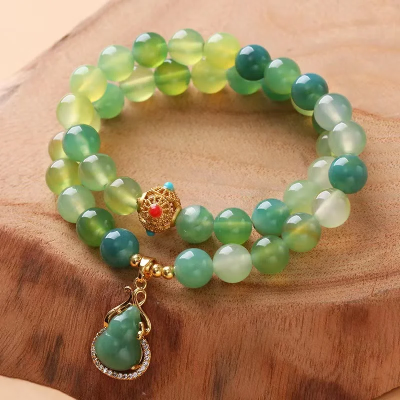 Green Grape Agate Crystal Meditation Gourd Charm Wrap Bracelet