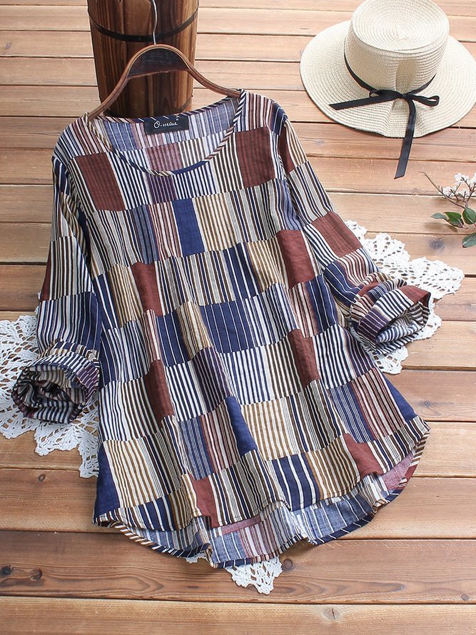 Plus Size Casual Long Sleeve Paneled Shirts & Tops