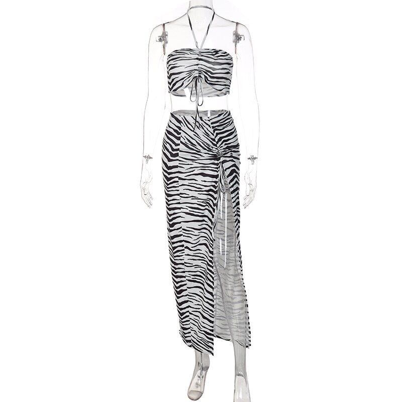 Hugcitar Zebra Print Halter Cute Crop Top Ruched Slit Maxi Skirt 2 Pcs Matching Set 2022 Summer Sexy Bodycon Beach Club Wear Y2K