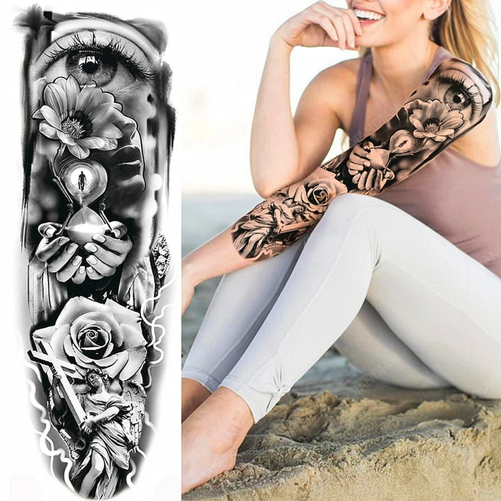 Large Arm Sleeve Tattoo Rose Lion Wolf Waterproof Temporary Tatto Sticker Flower Clock Waist Leg Body Art Full Fake Tatoo Women