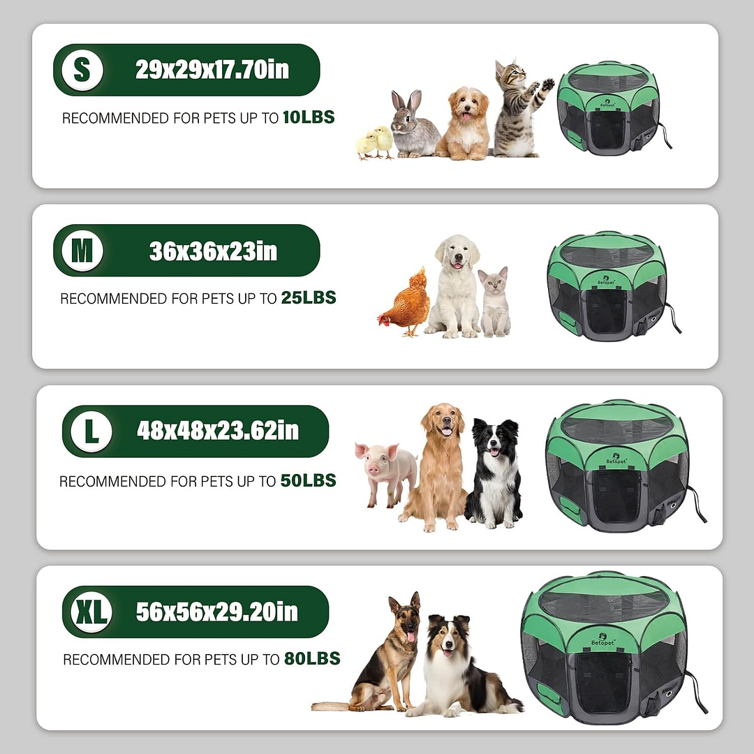 Upgraded Pet Dog Playpen for Small/Medium/Large Dogs Indoor/Outdoor, 600D Oxford Fabric Green Portable Cat Playpen Enclosed with Removable Zipper Top and Bottom（M）