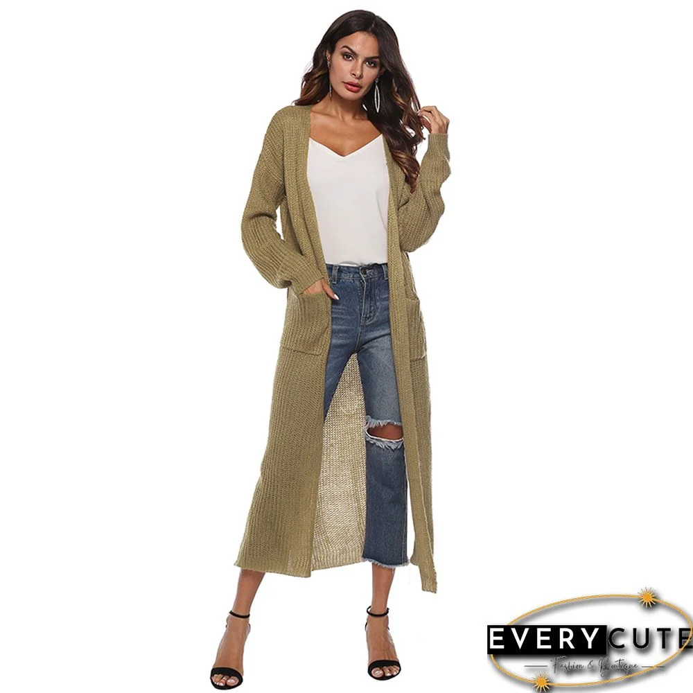 Khaki Split Long Cardigan With Pockets