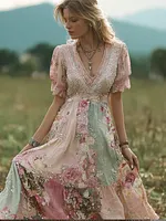 Bohemian Retro Countryside Style Plant Flower Design Women's Linen Dress
