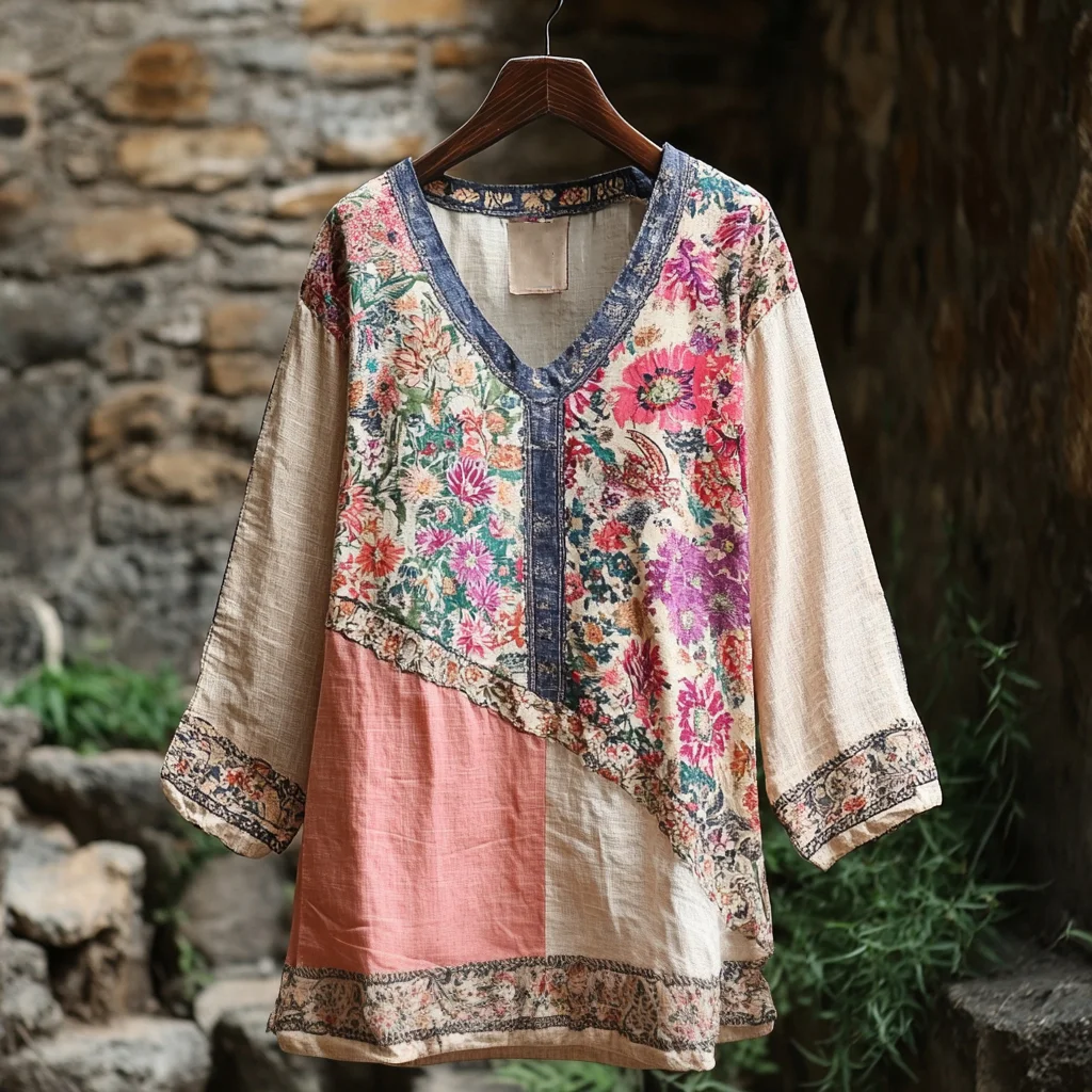 Women's Retro Tribal Floral Stitching Cotton And Linen Long Sleeve Shirt