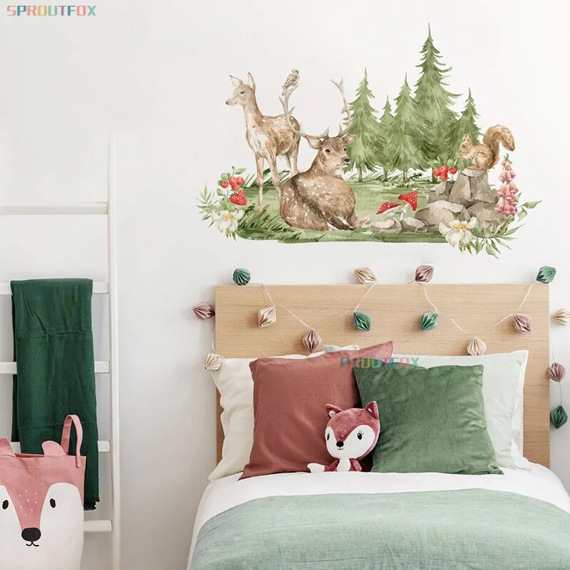 Nordic Cartoon Deer Wall Sticker Tree Green Forest Animal Wall Decals for Baby Room Living Room Decoration Kids Stickers