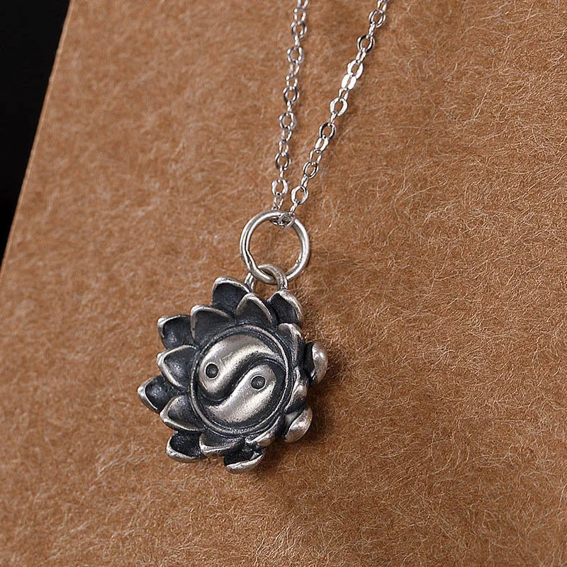 Lotus Yin Yang Pattern 925 Sterling Silver Enlightenment Necklace Pendant