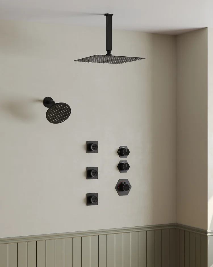EVERSTEIN SFS-1040-BK12 12" Dual Rainfall Shower Faucet with 5-Spray Patterns, Ceiling Mounted and Rough-in Valve