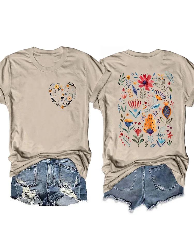 Eagerlys Spring Summer Vacation Casual Plant Flower Heart T-shirt Eagerlys