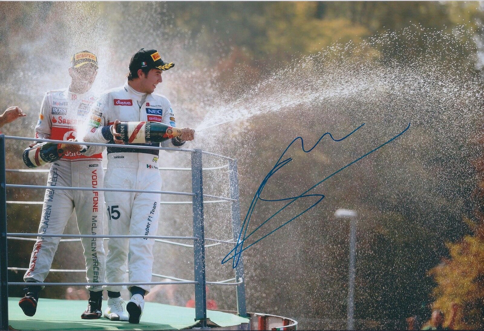 Sergio PEREZ Team SAUBER SIGNED Podium 12x8 Photo Poster painting AFTAL Autograph COA Formula 1