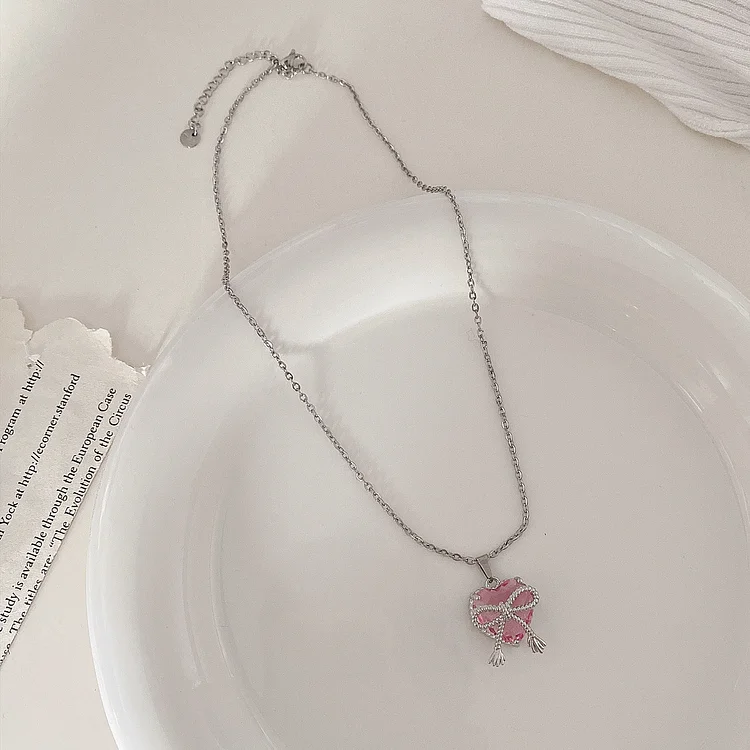 Pink Heart Pearl Titanium Steel Necklace KERENTILA