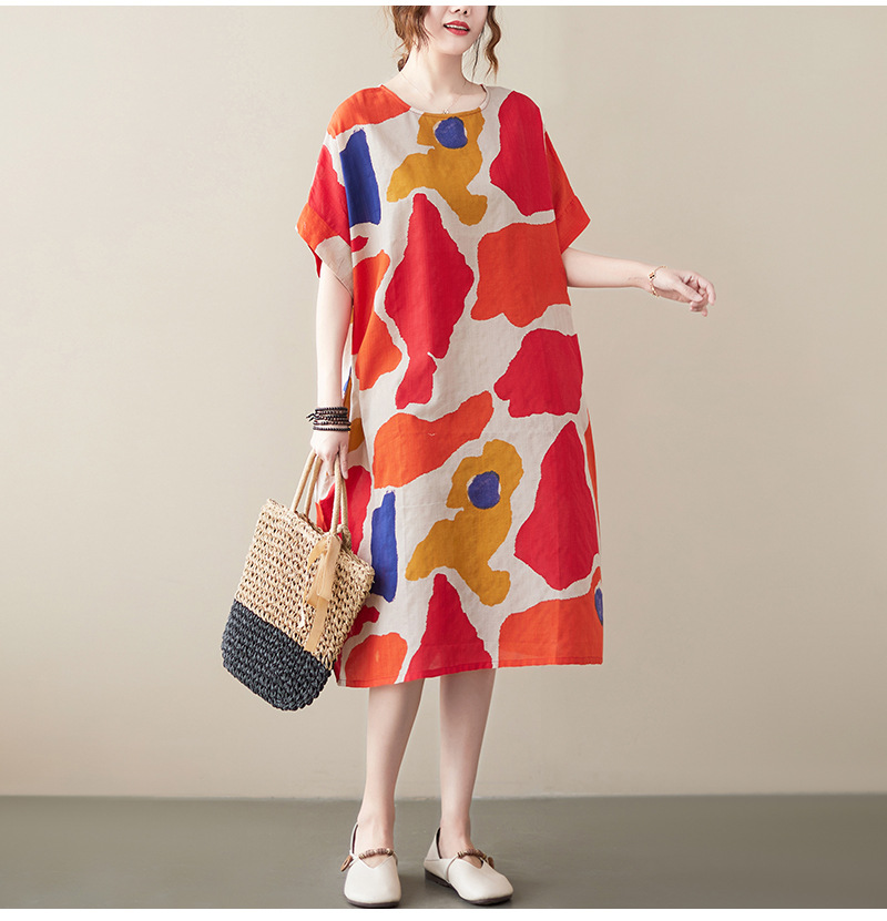 Vintage Literary Print Cotton Linen Midi Dress