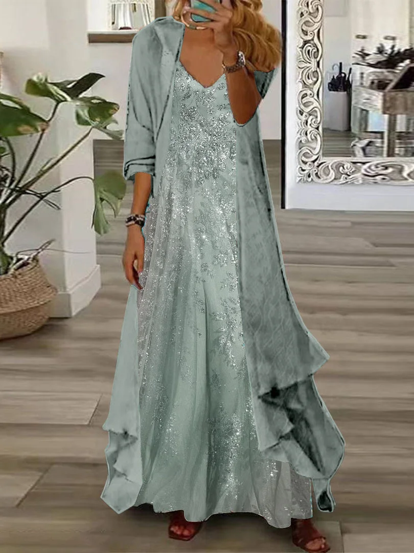 Women's Long Sleeve V-neck Graphic Printed Two Pieces Maxi Dress