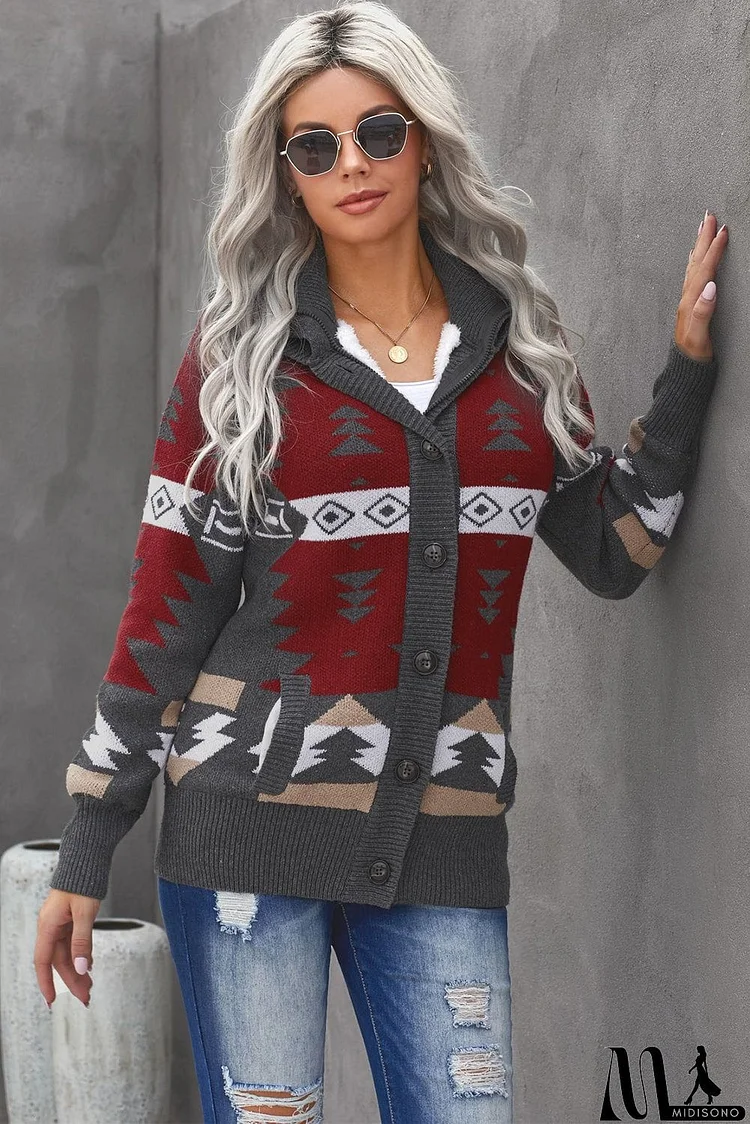 Retro Jacquard Pattern Buttoned Front Hooded Sweater