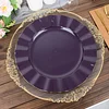 10 Pack | 11" Purple Hard Plastic Dinner Plates with Gold Ruffled Rim, Large Heavy Duty Disposable Dinnerware