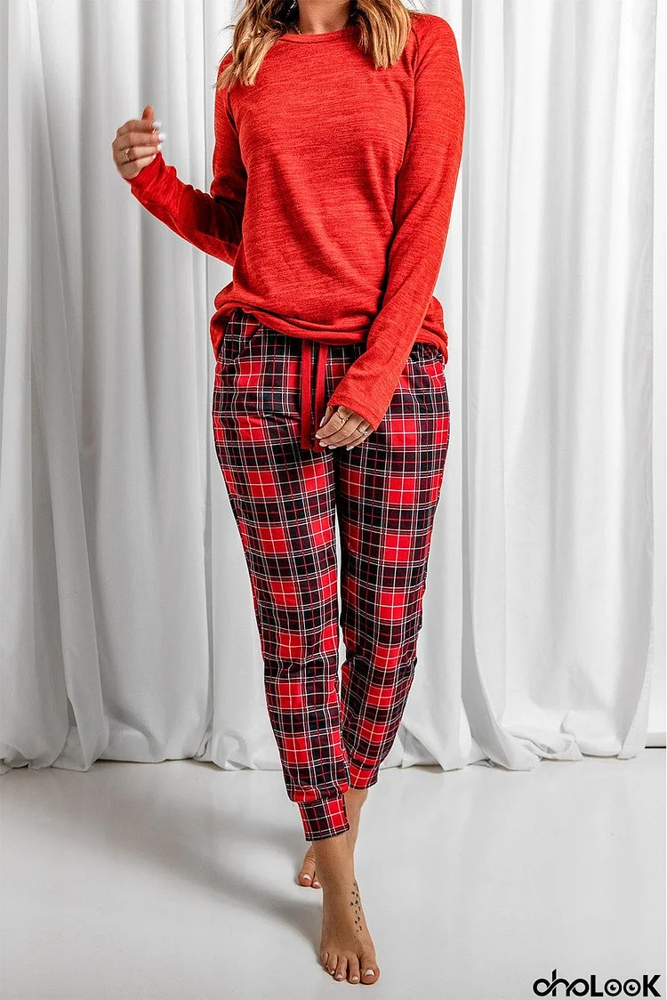 Red Top and Plaid Pants Loungewear