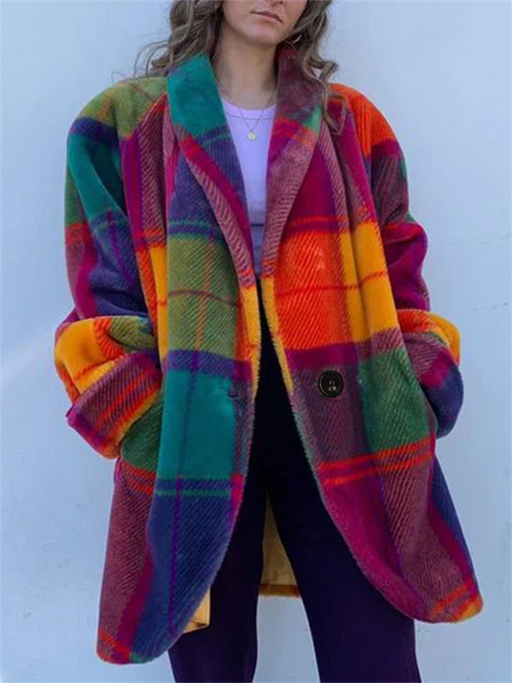 Autumn Women's Long-sleeved Lapel Colorblocking Jacket Printed Tweed Long Coat