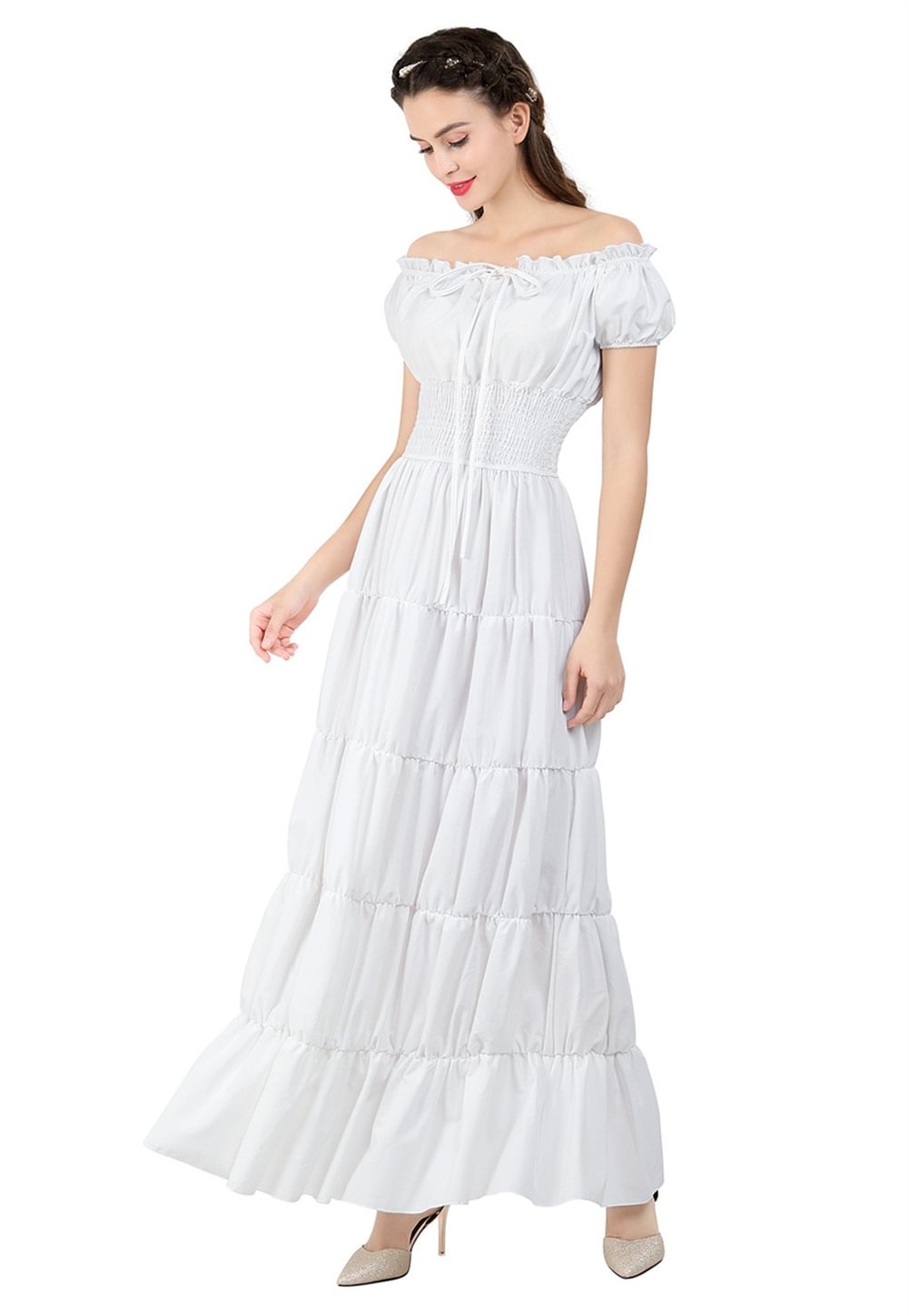 Uaang Dress with Corset Belt Medieval Renaissance Dress for Women Elegant Long White Dresses with Short Sleeves