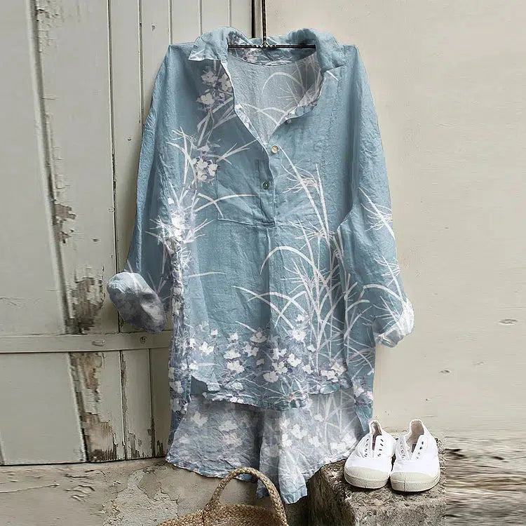 Blue Long Sleeve Floral Print Top