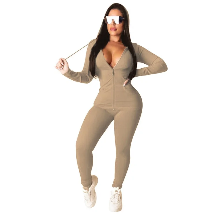 CM.YAYA Autumn Women Solid Zipper Up Long Sleeve Hooded Top Pencil Pants Suit Two Piece Set Casual Sporting Tracksuit Outfit