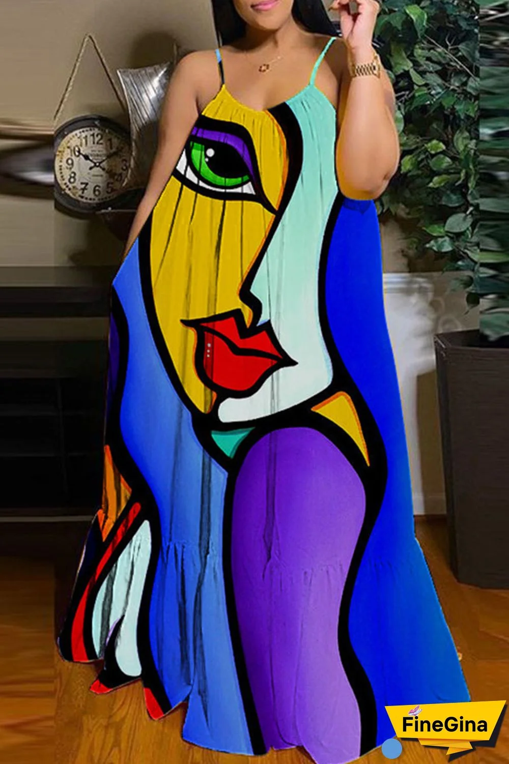 Black Brown Casual Street Print Patchwork Spaghetti Strap Sling Dress Dresses