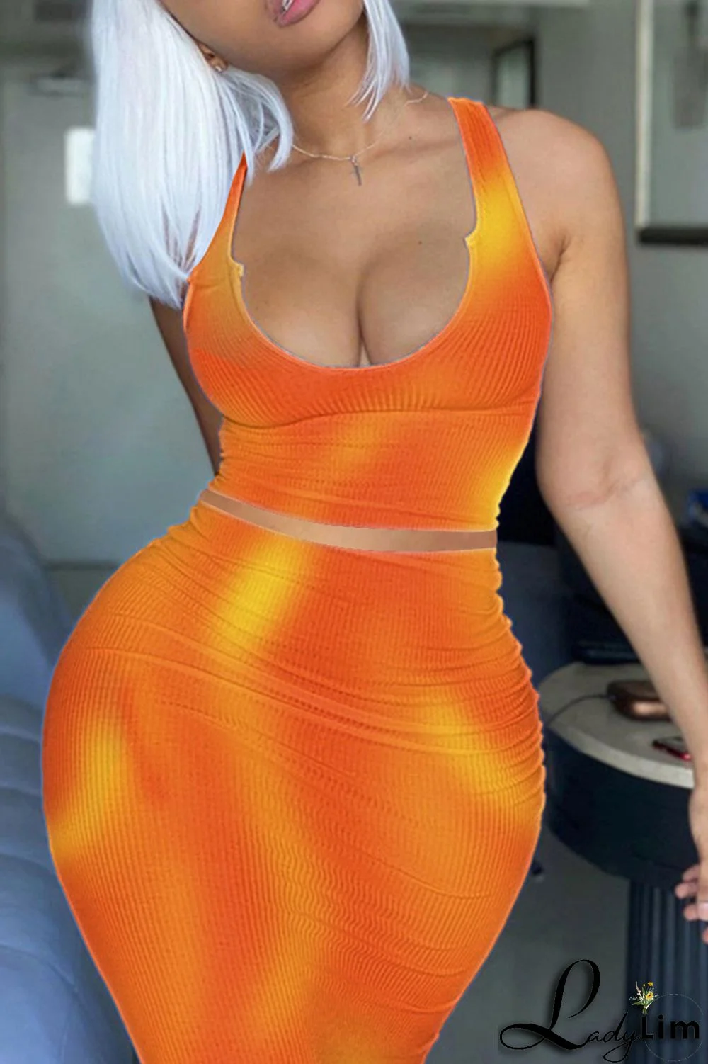 Green Fashion Sexy Print Tie-dye U Neck Sleeveless Two Pieces