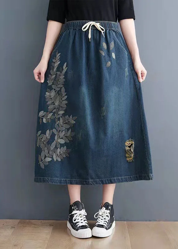 Art Navy Embroideried Hole Cozy Denim Skirt