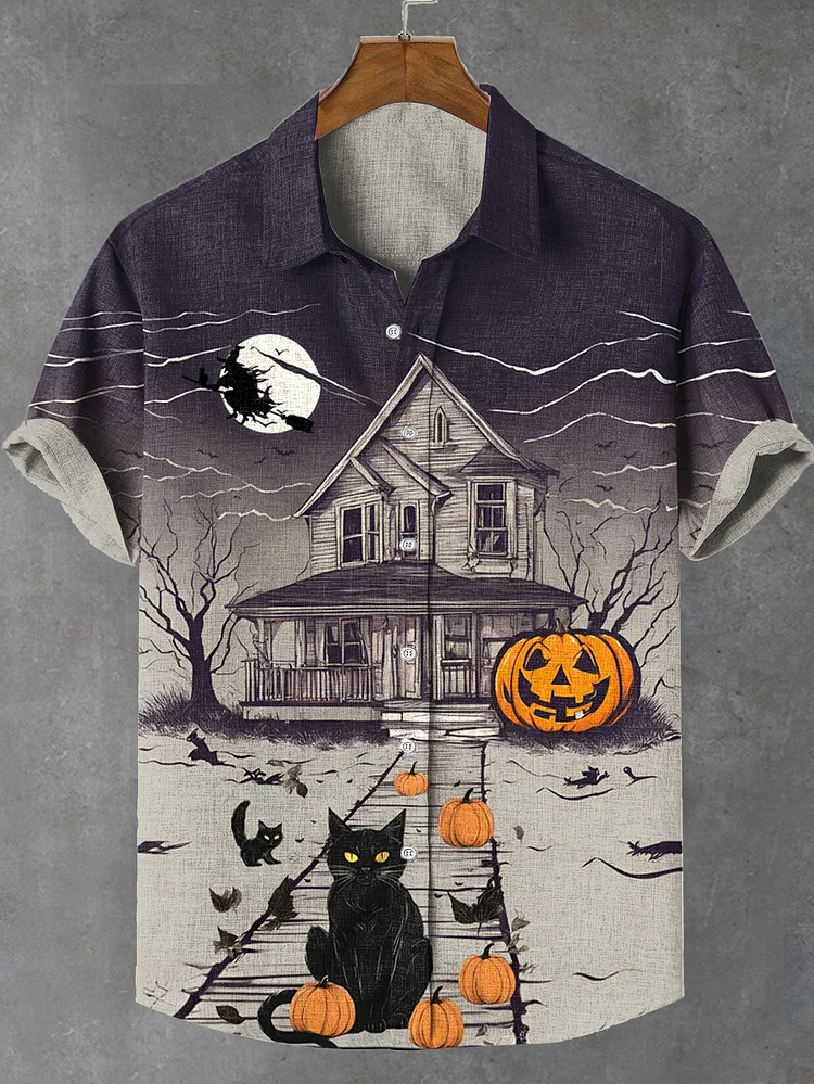 Men's Mysterious Halloween Night Black Cat Art Print Casual Shirt