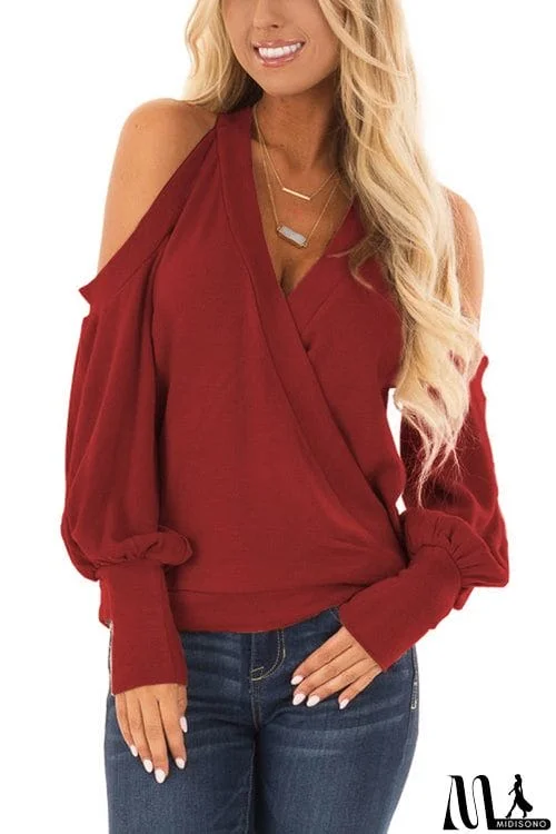 MidiSono - Casual Off-Shoulder Lantern Sleeve Top