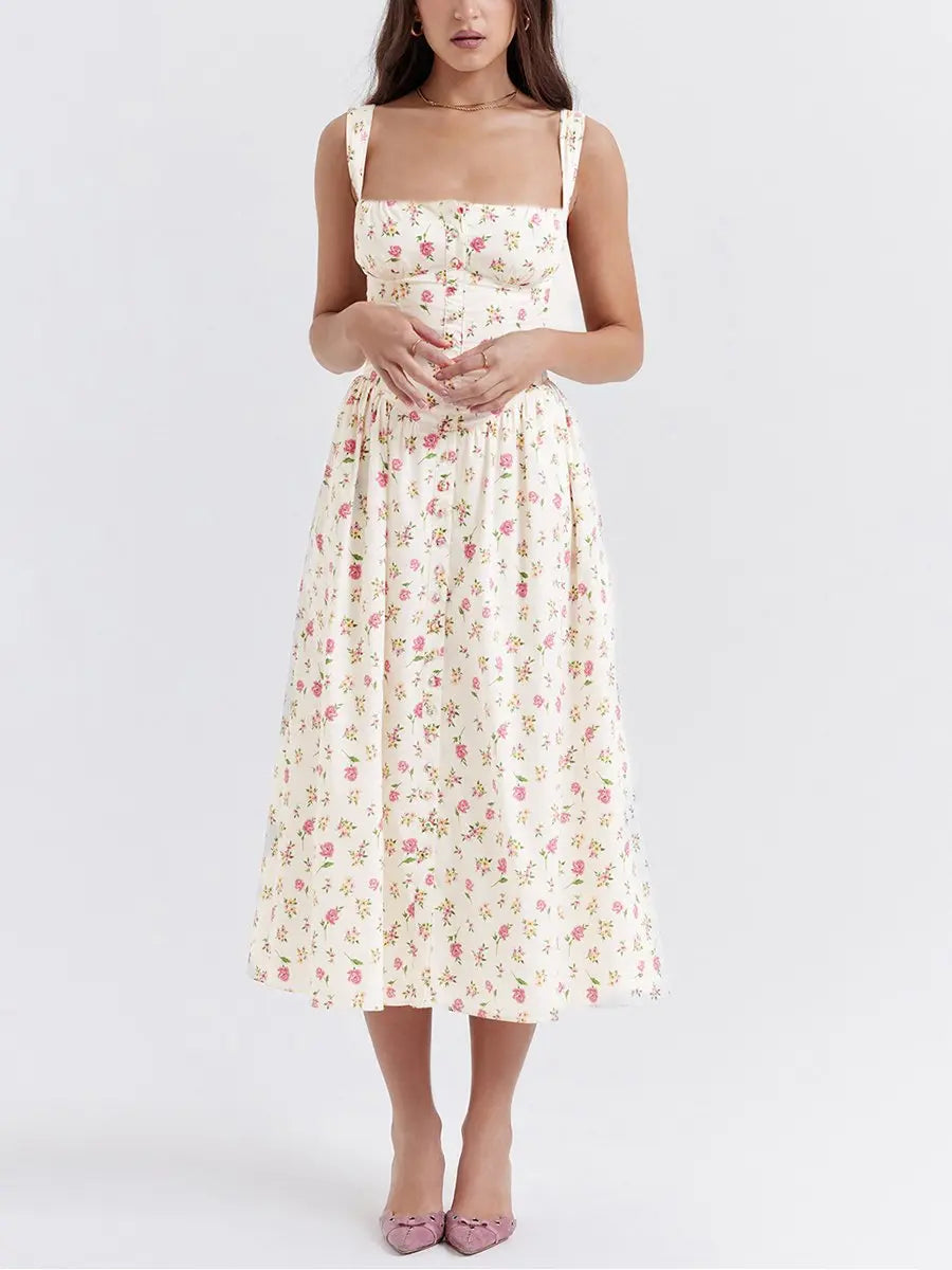 Single-Breasted Floral Pattern Midi Cami Dress