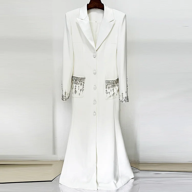 Luxury Beaded Crystal Blazer Evening Gown | Tailored Mermaid Dress with Lapel