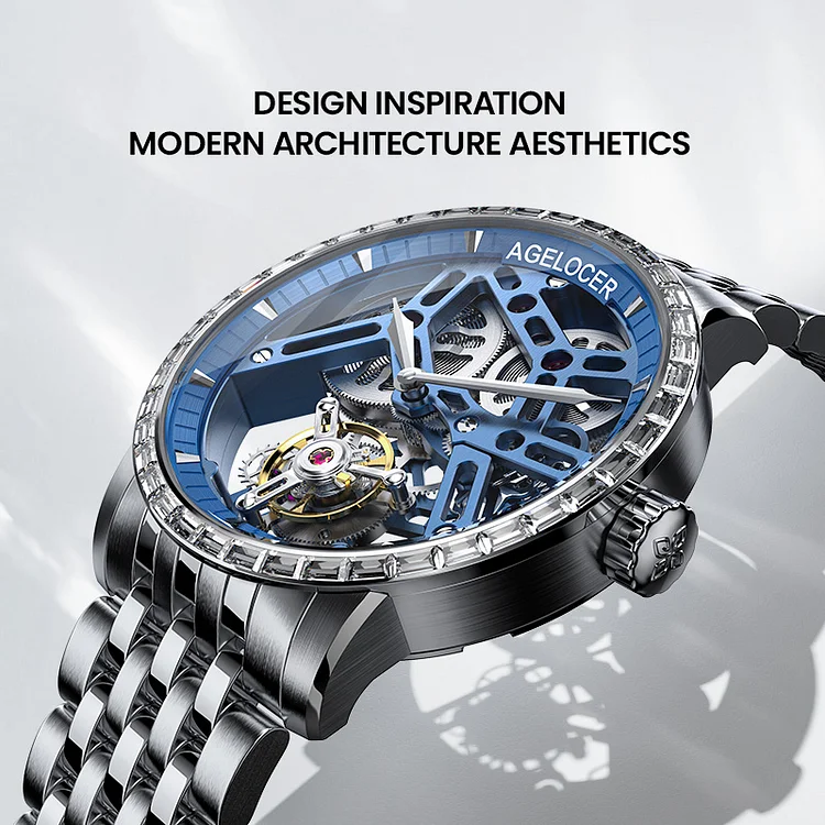 Agelocer Tourbillon Men s Hollow Mechanical Watch Blue Steel Strap Diamond Watch Blue Silver